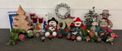 Cozy Christmas Home Decor!! Including (3) Candle Holders, (1) Hidden Valley Hand Painted Crackle Glass Pitcher, Hanging Lights, And So Much More!!