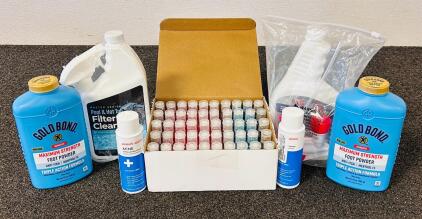 Chandelier Cleaner, Pool and Hot Tub Filter Cleaner, Box Of New Hand Sanitizers (50 Pack), Acne Exfoliating Toners, and Gold Bond Foot Powder