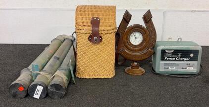 (1) Parmak Fieldmaster FM-1 Fence Charger, (1) Wooden Clock Shaped As A Horseshoe, (3) Umbrellas, And More!!