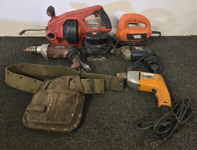 Various Power Tools Including: Drain Cleaner, (3) Drills, Sander, Jigsaw & Tool Belt