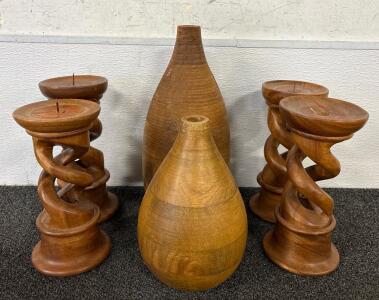 (4) Wooden Candle Holders 9.5 Inches Tall and (2) Wooden Decorative Vases