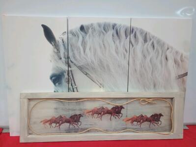 Running Horses Rectangle Painting, 43" x 13", 3 Panel White Horse Wall Hanging 48" Width, 31 1/2" Height