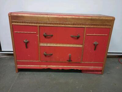 Vintage Red And Gold Wooden Dresser With 2 Middle Drawers And 2 Hinged Door Side Cabinets Length=20" Width=54" Height=35"