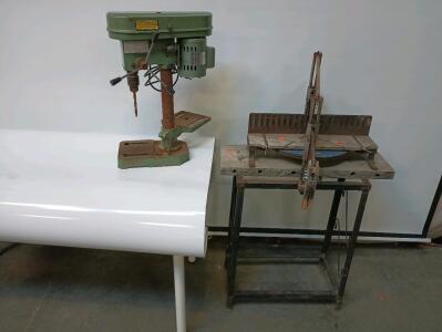 Single Speed Drill Press With Swivel Base, Cast Iron Miter Box And Saw On Metal Stand