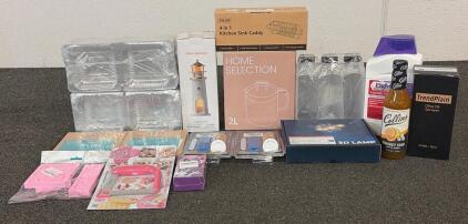BRAND NEW PRODUCTS!! Including (1) 4 In 1 Kitchen Sink Caddy, (1) Trend Plain Olive Oil Sprayer, (1) Eight Insect Control Concentrate, And So Much More!!
