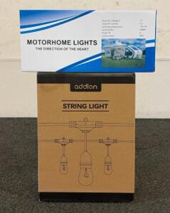 BRAND NEW PRODUCTS!! (1) Box Of addlon 48FT(2FT Space) LED Outdoor String Lights With 24 Edison Shatterproof Bulbs And (1) Box Of Motorhome Lights!!