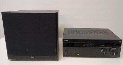 Sony AV Multi Channel Receiver, Model STR-DH750, JBL Arena S10 Powered 10" Subwoofer.