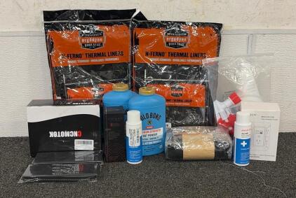 BRAND NEW PRODUCTS!! (2) Ergodyne N-Ferno 6870 2-Layer Thermal Mouthpieces, (2) Containers Of Gold Bond Maxium Strength Foot Powder, (1) Bottle Of Chandelier Cleaner, And So Much More!!