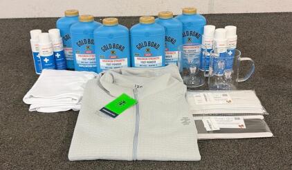 BRAND NEW PRODUCTS!! (1) Izod Golf Men&rsquo;s Zipup Jacket Size XL, (2) Glass Bow Mugs, (6) Gold Bond Maxium Strength Foot Powder, And So Much More!!