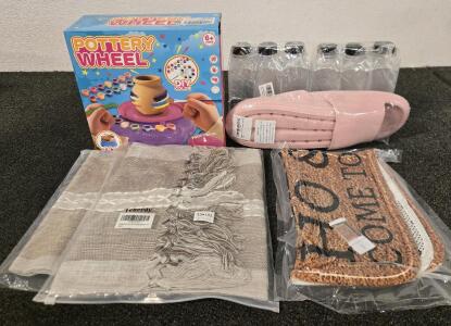 Pottery Wheel, Pink Womens Slides, (2) 33"x183" Tabble Runners, Home Door Mat, (6) Plastic Containers