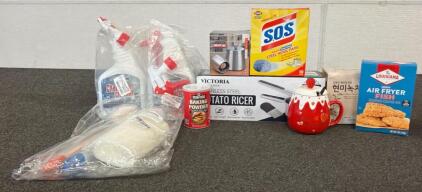 BRAND NEW PRODUCTS!! Including (1) Box Of S.O.S Steel Wool Pads, (1) Victoria Shop Stainless Steel Potato Ricer, (1) Container Of Rumford Baking Powder, And So Much More!!