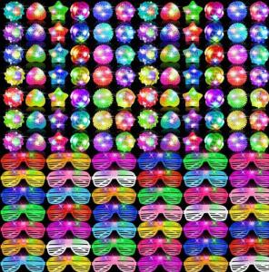 100 Pcs LED Light Up Party Favors Bulk Glow in the Dark Glasses Rings 10 Color LED Glow Glasses Neon Sunglasses 6 Style Finger Lights Flashing Ring for Neon Party New Year Eve Decor