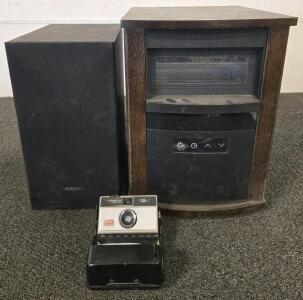 Samsung Speaker 7"x13.5"x10.5", Vintage Kodak Instamatic 124 Camera w/Folding Case, Space Heater 10.5"x15"x12"