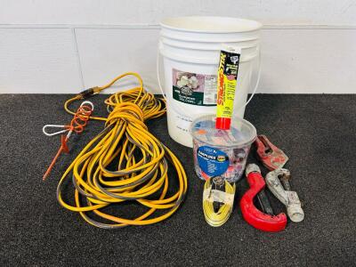 Long Extension Cord, Earplugs. Instant Grab Adhesive, Tie-Down Strap, Bucket and More