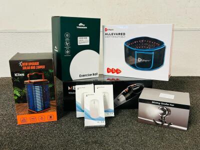 Kiies Solar Bug Zapper, Trideer Yoga Ball, Lifepro Allevared Light Therapy Belt, (3) Wireless Mice, Meloho Wireless Vacuum Cleaner, and Misting Stroller Fan