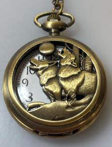 Vintage-Style Quartz Pocket Watch Featuring Howling Wolf Design