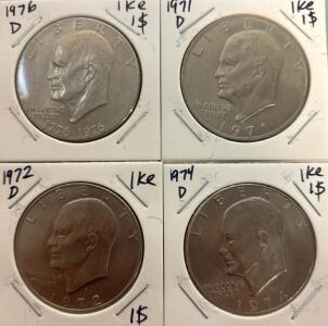 (4) Eisenhower One Dollar Coins