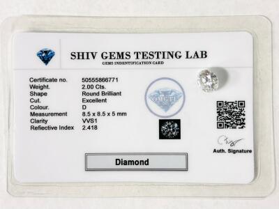 2.00 Carat Round Brilliant Diamond, Excellent Cut, D Color, VVS1