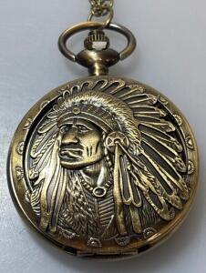 Native American-Themed Quartz Pocket Watch Bronze/Antique Brass Finish