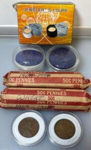 Jewelry Loupe, (2) Lapis Lazuil Cabochon Gemstones, (2) Wheat One Cent Penny Rolls, (2) 1909 VBD Lincoln Wheatback Pennies