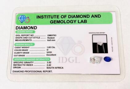 Diamond 1.65 Carat D VVS1 Radiant Cut, Sapphire Included