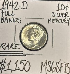 1942-D MS68FB RARE FULL BANDS GEM MERCURY .10c