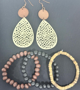 Bohemian-Style Cutout Earrings W/ (3) Wooden Bead Bracelets
