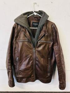 Guess Leather Jacket with Hood, Brown, Zipper Closure