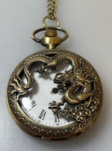 Vintage-Style, Open-Face Quartz Pocket Watch Featuring An Intricate Dragon Design
