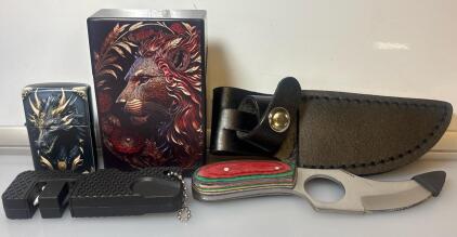 Short Skinner Knife W/ Sheath, Knife Sharper, Zippo Lighter Mythical Dragon Cover, And vibrant Lion Cigarette Case Cover