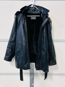 Tomahawk Garment Black Leather Parka XL with Faux Fur Lining and Belt