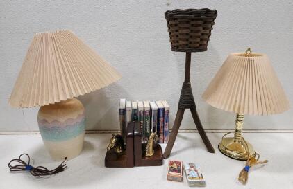 (1) Vintage Wood And Rattan Plant Stand With Tripod Legs (2) Vintage Wood And Brass Horse Head Bookends (1) Vintage 1990s Plaster Table Lamp (1) Vintage Gold Toned Table Lamp And More