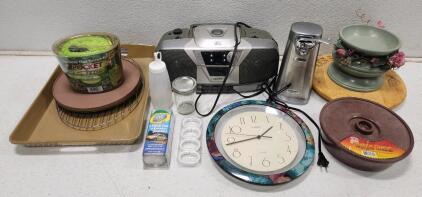 (1) Cuisinart SCO-60 Deluxe Stainless Steel Electric Can Opener (1) Sanyo CWM-210 Boom Box (1) Vintage Cosmo Quartz Wall Clock And More