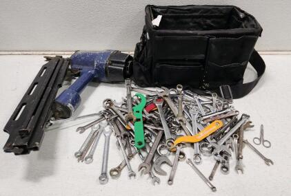 (1) Central Pneumatic Pneumatic Framing Nail Gun (1) Tuffo Brand Black Textile Tool Bag And Assorted Mechanics' Wrenches