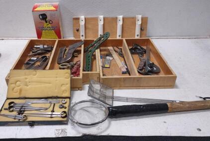 500K Candle Power Spotlight, Vintage Machinist's Layout and Measurement Tool Kit, Fishing Pole Holder, Compass, Measuring Tools, + More.