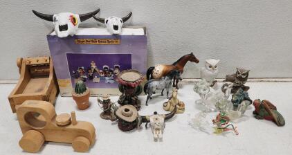 (1) Thirteen Piece Native American Nativity Set by Albert E. Price Inc. (1) Vintage Sasaki Crystal Glass Squirrel Nut Dish (1) Vintage Avon Clear Glass Squirrel Votive Candle Holder (1) Vintage Hohner Comet Harmonica And More