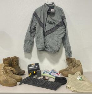 Army Jacket ( Large ) / (2) Vibram Boots Size 10 / Interceptor Boots Size 11 / Brinkman Spot/Flood Light ( No Cord- Unable to test )