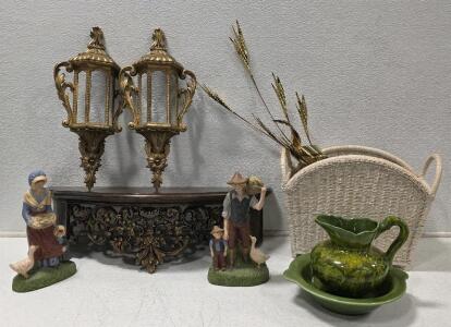 (1) Vintage California Pottery Pitcher and Wash Basin Set with a Green and Yellow Drip Glaze Finish (1) Vintage Wheat Stalk Wall Hanging Set, 32" (1) Set of Two Gold Burwood Hanging Lantern Wall Pocket Homco Floral Display 19.5" x 9" (2) Vintage HomCo (Ho