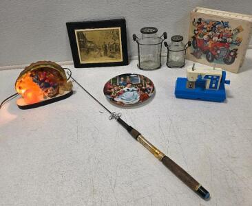 (1) Set of Two Creative Co-Op Glass Vases in Metal Stands with Metal Frog Lids6" tall and 8" tall (1) Vintage Abalone Shell Lamp (1) Vintage Edwin M. Knowles collector plate titled "Getting to Know You" from "The King and I" series, created by artist Will