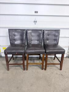 Set of 3 Dark Brown Faux Leather Bar Stools, Button Tufted, Contemporary Style