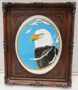 (1) Vintage Wood Framed Oval Bald Eagle Art Wall Decor