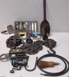 Industrial Pulley System, Antique Shovel, Fish Reel, And More.