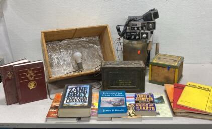 (2) CB Radios Midland and Hy-Gain ( Unable to Test ) / Ammo Can / Books and More