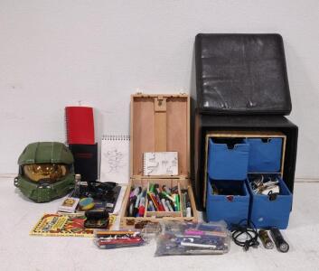 Assorted Lot of Art Supplies; Painter's Portable Box, (Green) Halo Toy Helmet, & More!!!