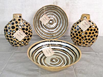 (2) Heart Of Hati - Handmade Paper Mache Vases Both 12"T & (2) Handmade Paper Mache Bowls, 13" Diameter