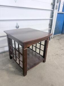 Traditional Wood End Table, Dark Brown, Grid Side Design, Lower Shelf