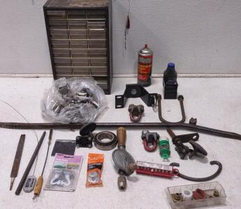 Bag Of Door Hinges, Granpa's Hand Drill, Parts Case, Crow Bar, And More.