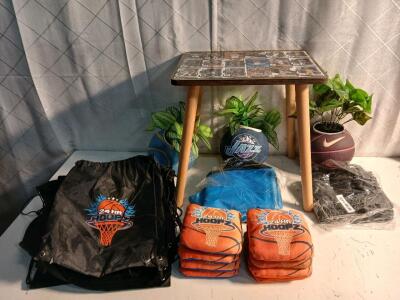 (3) Fux Plants W/ Basketball Holders (1) 16"x12"x17" Basketball Card Table & More