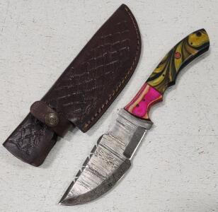 (1) Damascus Steel Tracker Knife With Wood And Resin Handle W/ Sheath