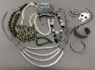 Assorted Jewelry Lot with Necklaces, Bracelets, Earrings, Brooch, Mixed Metals